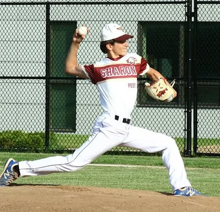 A pitcher for Sharon Legion Baseball delivers a pitch