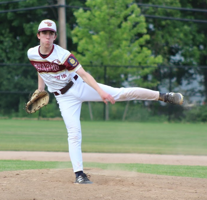 A lefty pitcher for Sharon Legion Baseball delivers a pitch